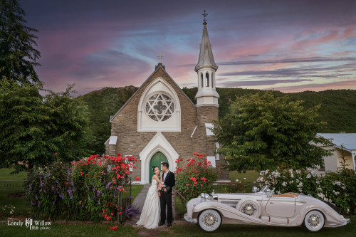 玫瑰林的大树教堂老爷车